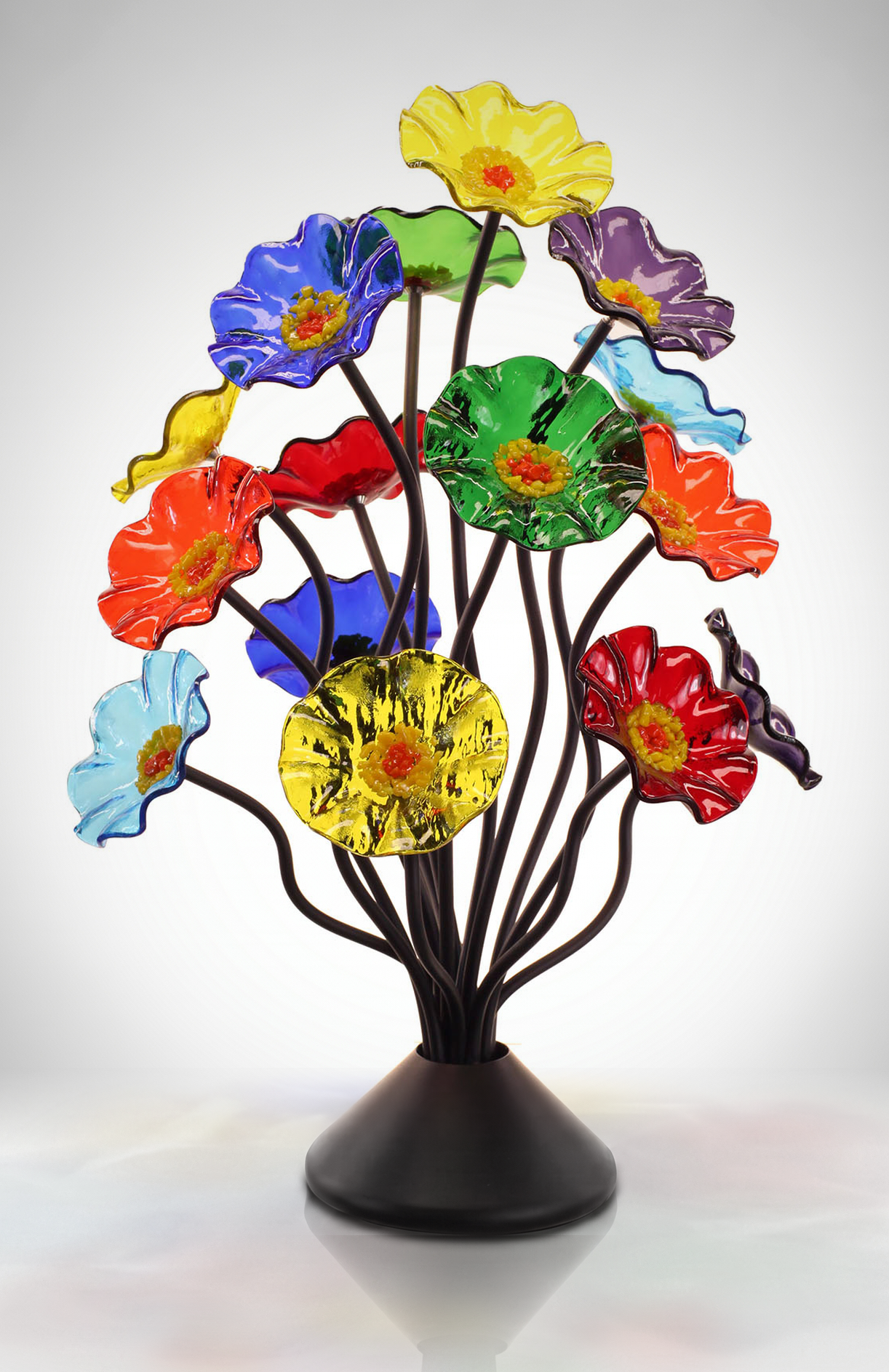 Handmade glass flower tree centerpiece with 15 prism rainbow colored flowers on black stems, studio photo with subtle color refractions